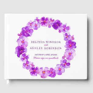 Purple pansy wreath watercolor wedding guest book