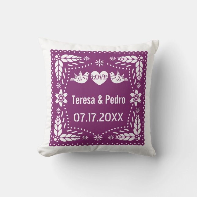 Purple papel picado love birds wedding fiesta throw pillow (Front)
