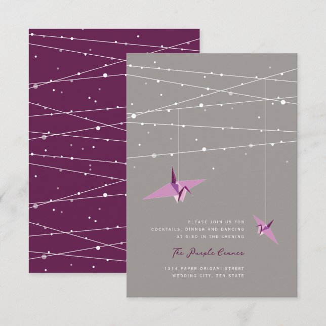 Purple Paper Cranes Fairy Lights Wedding Reception Invitation (Front/Back)