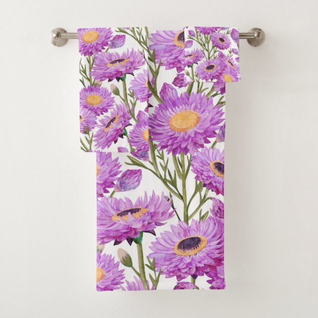 Purple Paper Daisies Floral Blooms Bath Towel Set (Insitu)