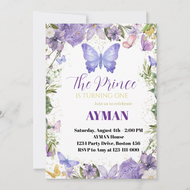 Purple papillon 1er anniversaire Invitation pour g (Devant)