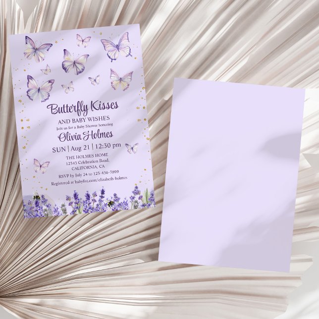 Purple Papillon Bébé Fille Douche Invitation (Purple Butterfly Baby Girl Shower Invitation on a dry white palm leaf.)