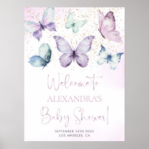 Purple papillon fille Baby shower Affiche de bienv