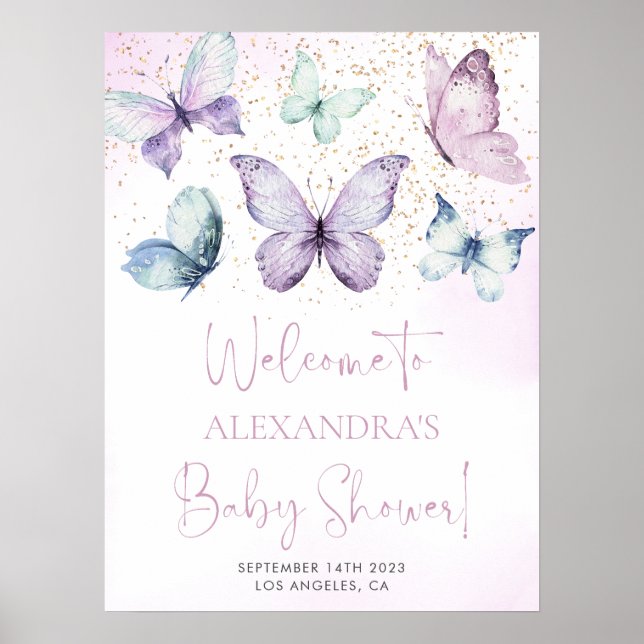 Purple papillon fille Baby shower Affiche de bienv (Devant)