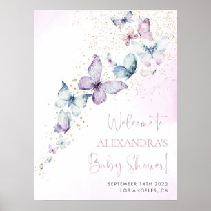 Purple papillon fille Baby shower Affiche de bienv
