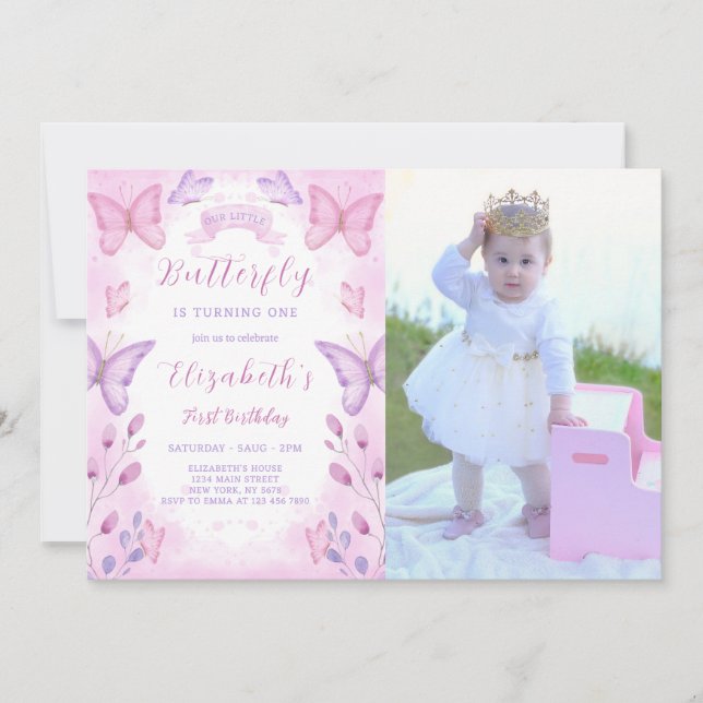 Purple Papillon Invitation Anniversaire Avec Photo (Devant)
