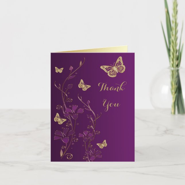 Purple, Papillon Or, Floral Merci Carte de note (Devant)