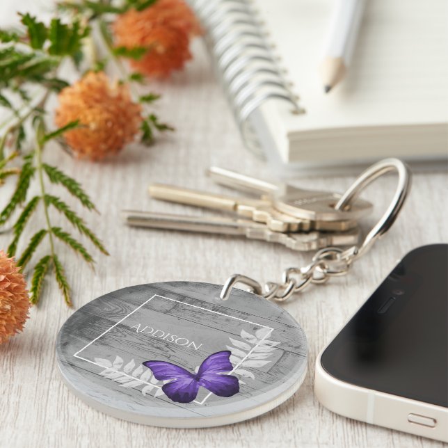 Purple Papillon Rustique Porte - clé personnalisé (Devant droit)