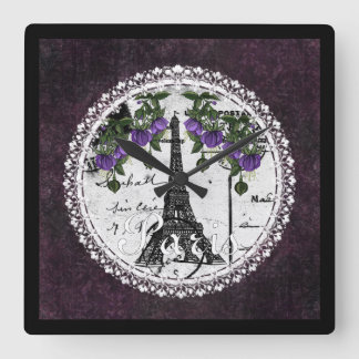 Purple Paris Floral Square Wall Clock