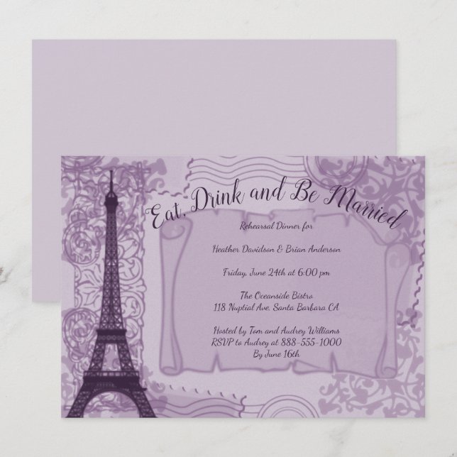 Purple Parisian Rehearsal Dinner Invitation (Front/Back)