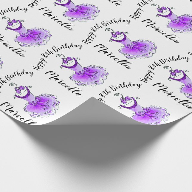 Purple party dress inked art girls 10th birthday wrapping paper (Corner)
