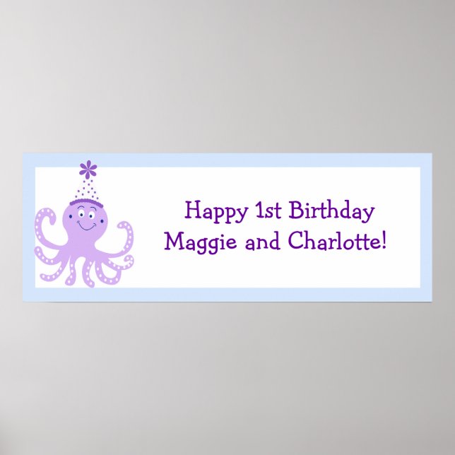 Purple Party Octopus Birthday Banner Customized Poster (Front)