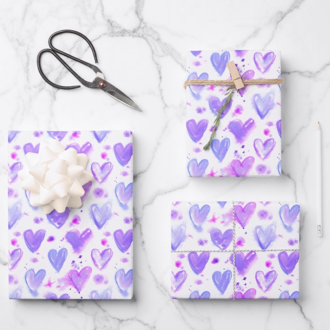 Purple Passion Watercolor Hearts Wrapping Paper Sheet (Front)