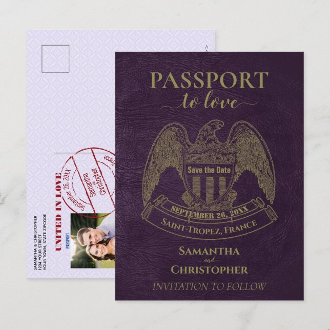 Purple Passport Cute Fun Wedding Save the Date Announcement Postcard (Front/Back)