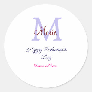 Purple pastel happy Valentine's day pink monogram  Classic Round Sticker