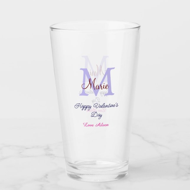 Purple pastel happy Valentine's day pink monogram  Glass (Front)