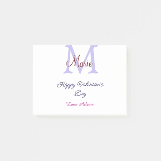 Purple pastel happy Valentine's day pink monogram  Post-it Notes (Front)