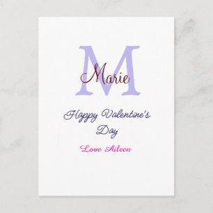 Purple pastel happy Valentine's day pink monogram  Postcard