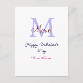 Purple pastel happy Valentine's day pink monogram  Postcard
