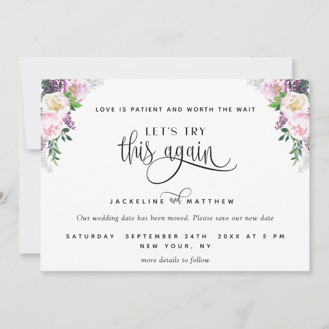 Purple Pastel Let's Try This Again Love is Patient Save The Date (Front)
