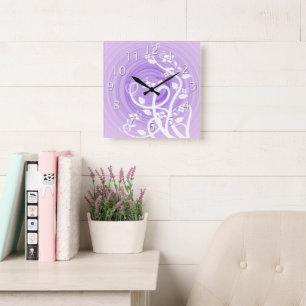 Purple Pastel Spirals, Filigree & Flowers Square Wall Clock