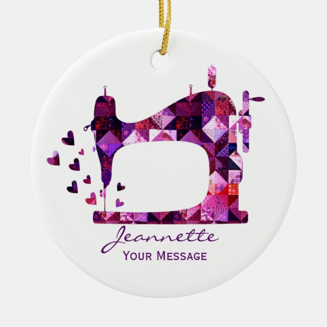 Purple Patchwork Quilt Sewing Machine Ceramic Ornament (Front)