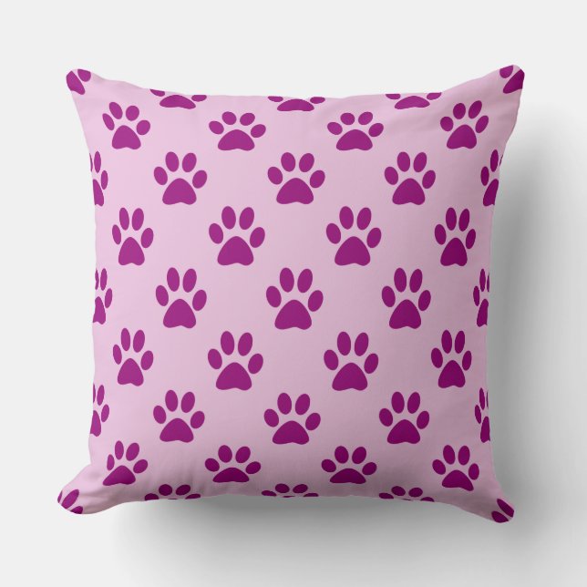 Purple Paw Print Pattern on Pink Throw Pillow (Front)