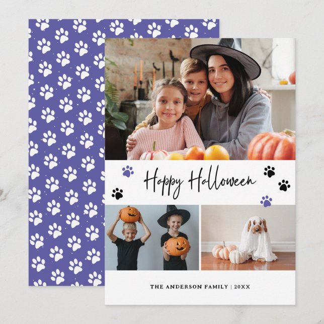 Purple Paw Print Pet Photo Happy Halloween Card (Front/Back)