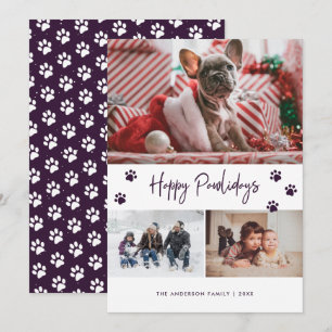 Purple Paw Print Photo Collage Happy Pawlidays Pet Holiday Card