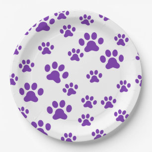 Purple paw prints paper plate