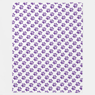 Purple Paw Prints Pattern on White  Fleece Blanket