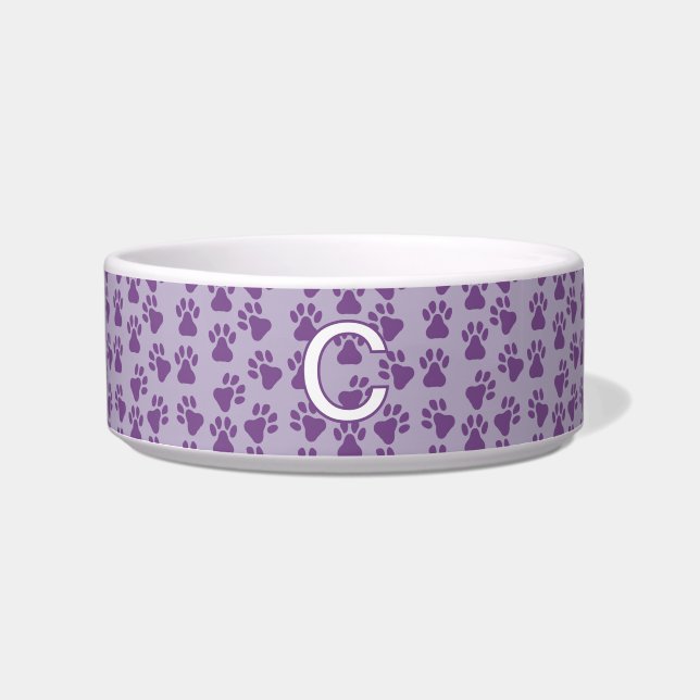 Purple Pawprints Monogram Dog Bowl (Front)