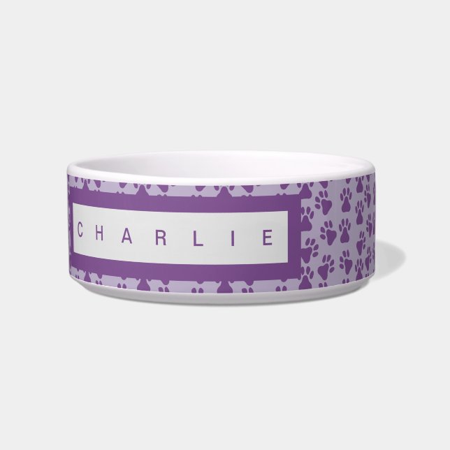 Purple Pawprints Personalized Dog Bowl (Front)