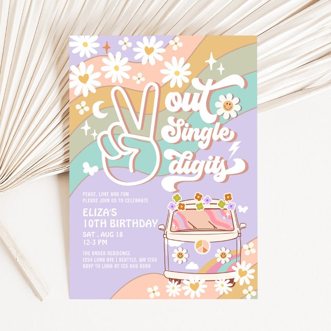 Purple Peace Out Single Digit Groovy 10th Birthday Invitation (Creator Uploaded)