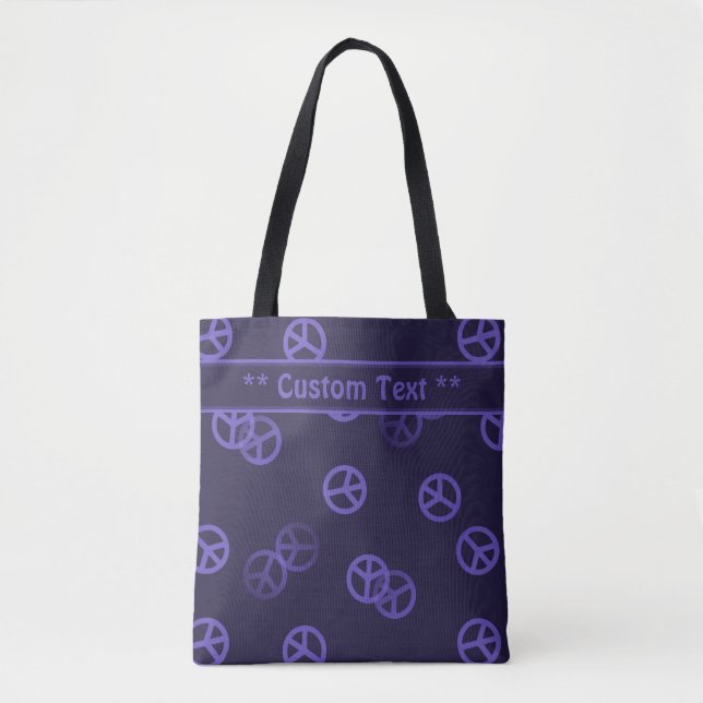 Purple Peace Sign Pattern w/ Custom Text Tote Bag (Front)