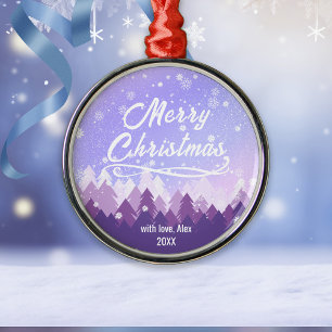 Purple Peaceful Snow Forest Merry Christmas Metal Ornament