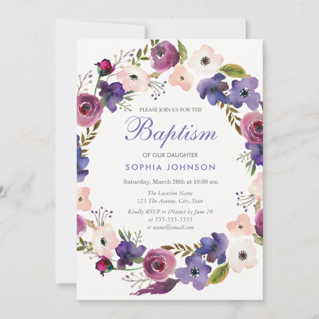 Purple Peach Burgundy Wreath Floral Baptism Invite (Front)