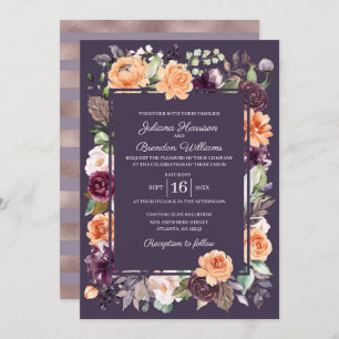 Purple Peach Floral Fall Wedding Invitation