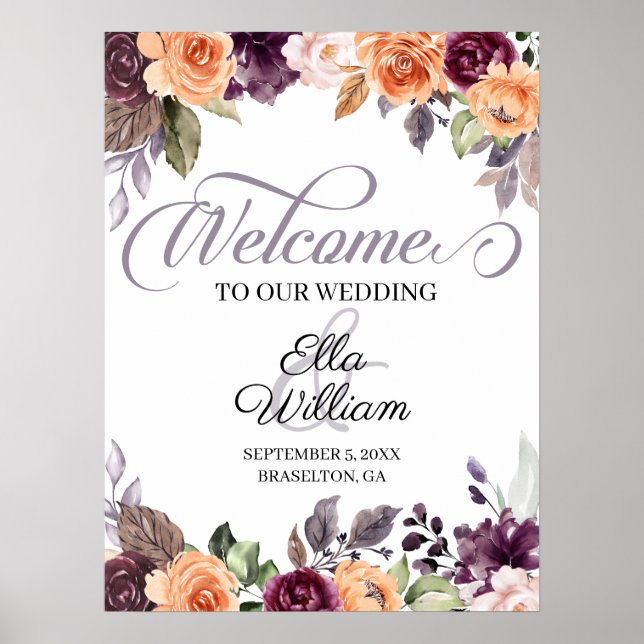 Purple Peach Floral Fall Wedding Welcome Sign (Front)
