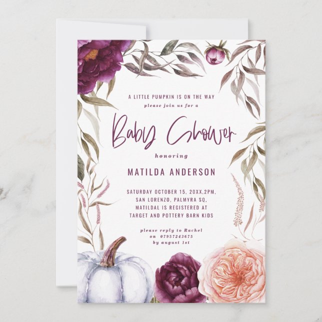 Purple + peach floral, pumpkin fall baby shower (Front)
