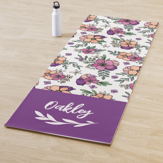 Purple Peach Flowers Name in Brush script Yoga Mat (In Situ)