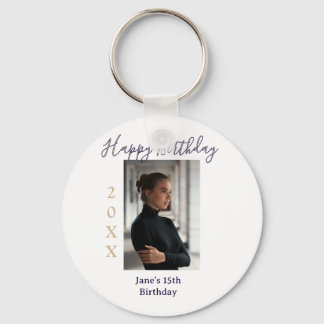 purple peach happy 15th birthday photo name year t keychain
