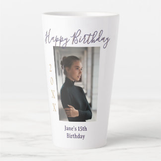 purple peach happy 15th birthday photo name year t latte mug