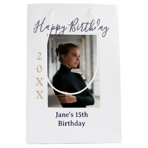 purple peach happy 15th birthday photo name year t medium gift bag