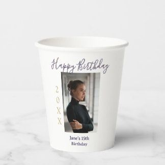 purple peach happy 15th birthday photo name year t paper cups
