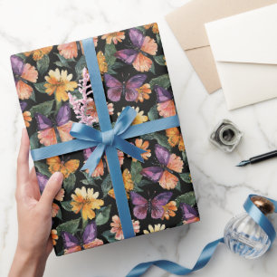 Purple Peach Pink Butterflies Flowers Birthday Wrapping Paper