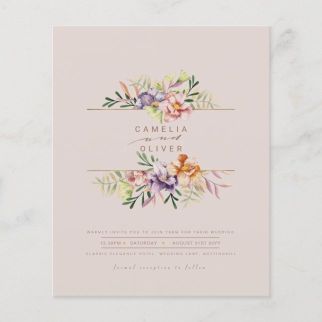 Purple Peach Summer Floral Wedding Invite QR Code Flyer (Front)