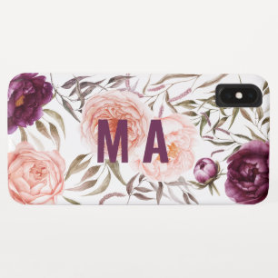 Purple + peach watercolor floral fall monogram iPhone XS max case