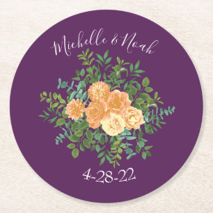 Purple Peach Wedding Floral Roses Round Paper Coaster
