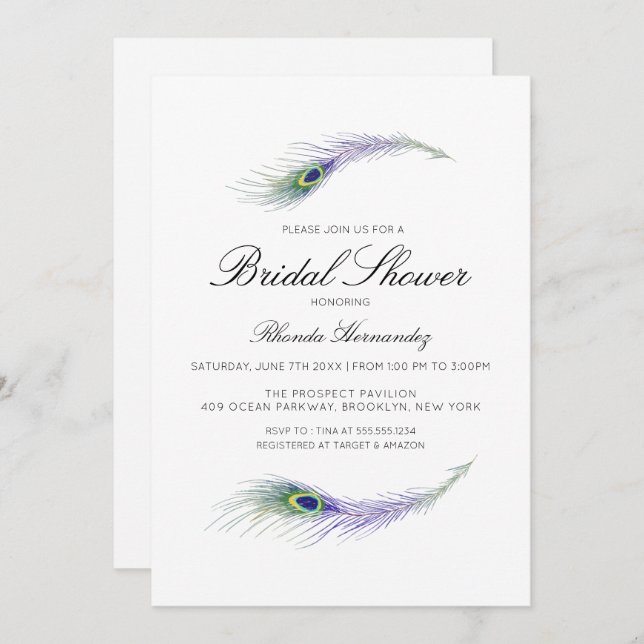 Purple Peacock Bridal Shower Invitation (Front/Back)